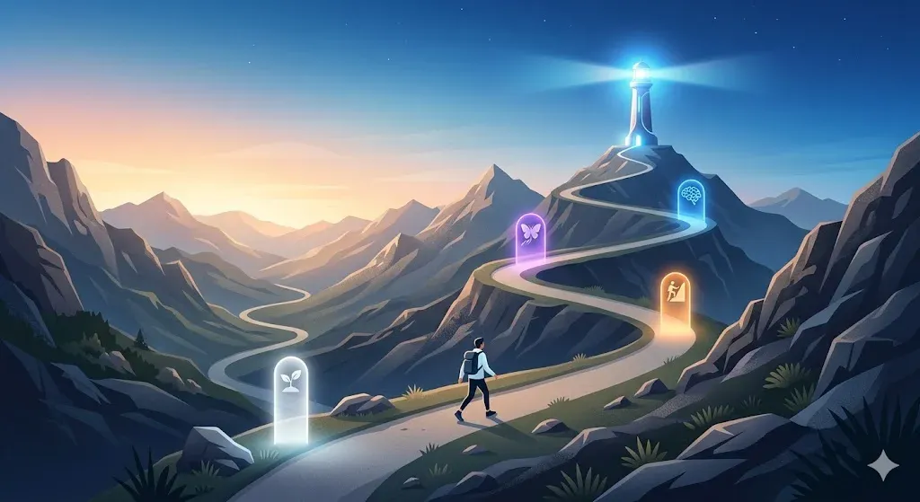 封面配图:一个人在蜿蜒的山路上行走,远处有AI的灯塔