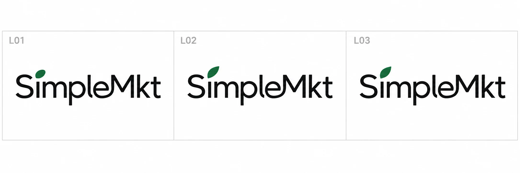 SimpleMkt 字标中小写 i 圆点的三种叶片方案 L01、L02、L03,选择中间的 L02
