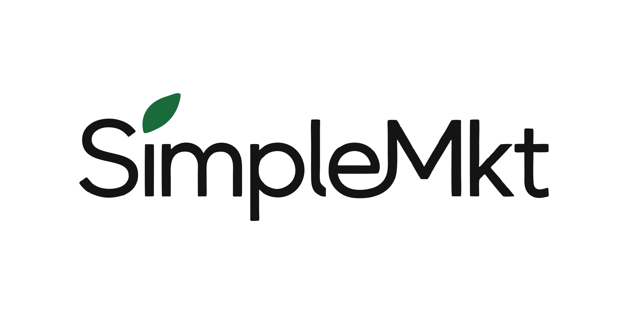 SimpleMkt 深色完整字标,其中小写 i 的圆点由绿色叶片替代