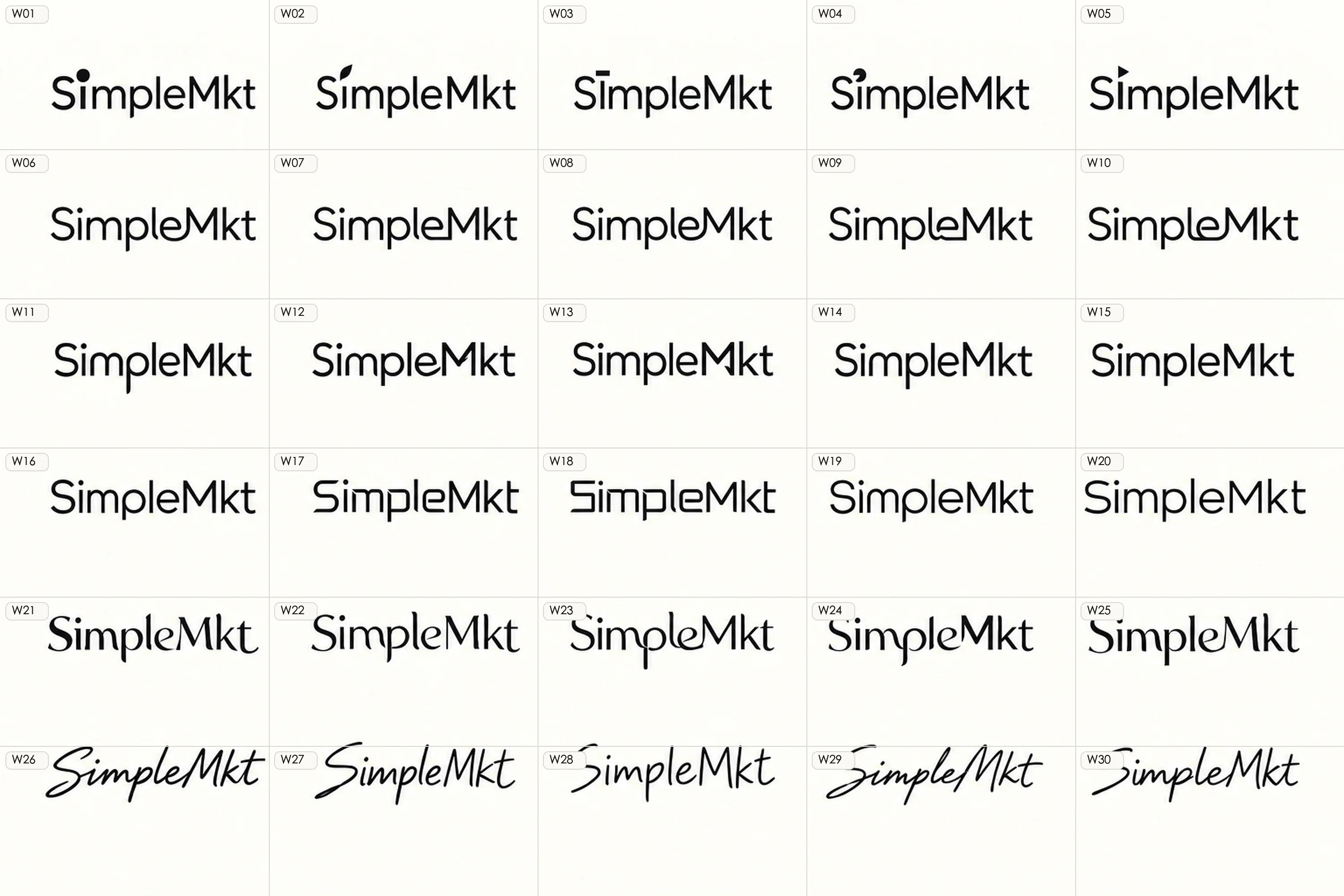 SimpleMkt 三十个黑白图形化字标候选的五列六行探索看板,第二行第一个为 W06